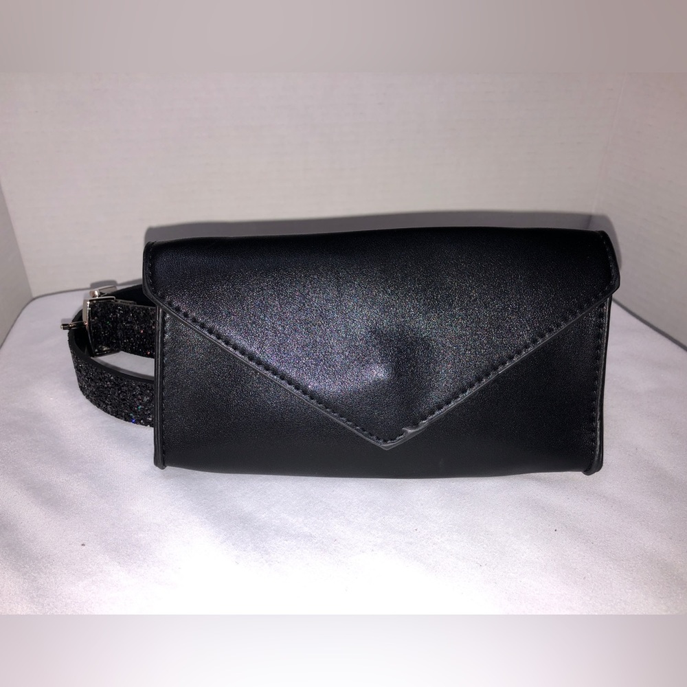 Simple black envelope style hip sac with rhinestone belt and silver buckle